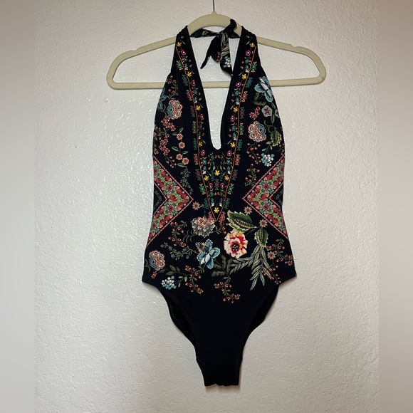 Johnny Was Other - Johnny Was Ardem halter black floral embroidered one piece swimsuit size medium
